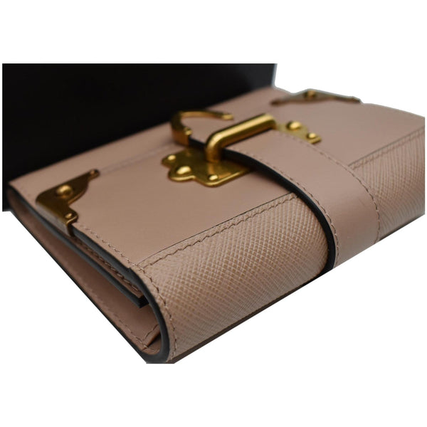 PRADA Cahier Saffiano French Compact Flap Wallet Beige