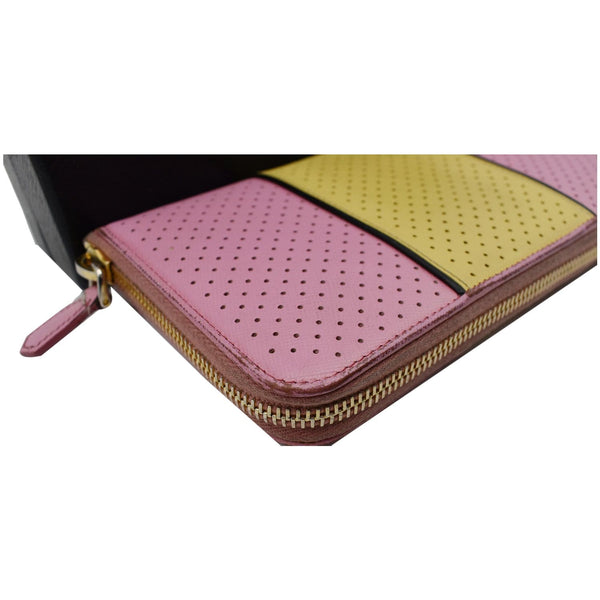 PRADA Striped Perforated Saffiano Leather Zip Around Wallet Pink/Yellow