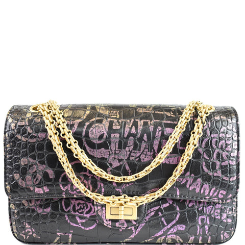 CHANEL Reissue 2.55 Flap Crocodile Embossed Graffiti Shoulder Bag Black