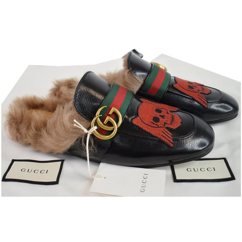 Gucci Princetown Skull Angel Fur Leather Slipper black