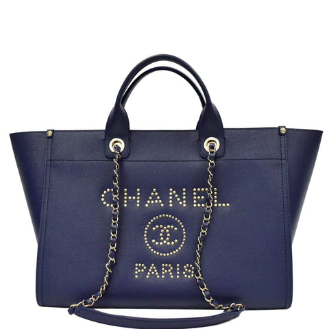 CHANEL Deauville Studded Caviar Tote Shoulder Bag Blue