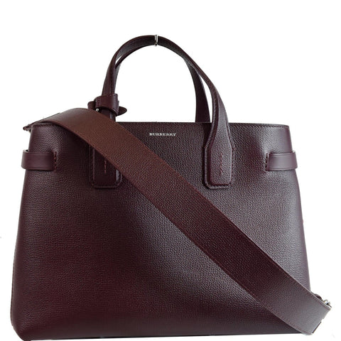 BURBERRY Medium Banner Derby Leather Tote Shoulder Bag Red