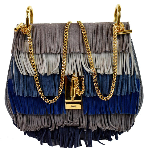 CHLOE Fringe Drew Suede Leather Shoulder Bag Grey