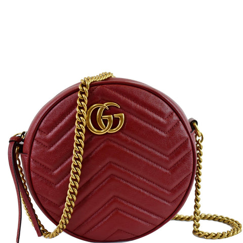 GUCCI GG Marmont Mini Round Leather Crossbody Bag Red 550154