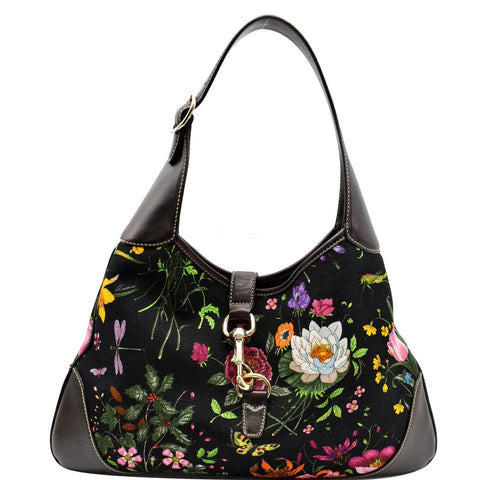 GUCCI Flora Jackie O Bouvier Floral Printed Canvas Hobo Bag Black 153029 - 15% OFF