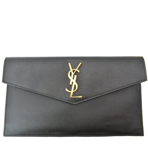 YVES SAINT LAURENT Uptown Envelope Grain De Poudre Leather Clutch Black