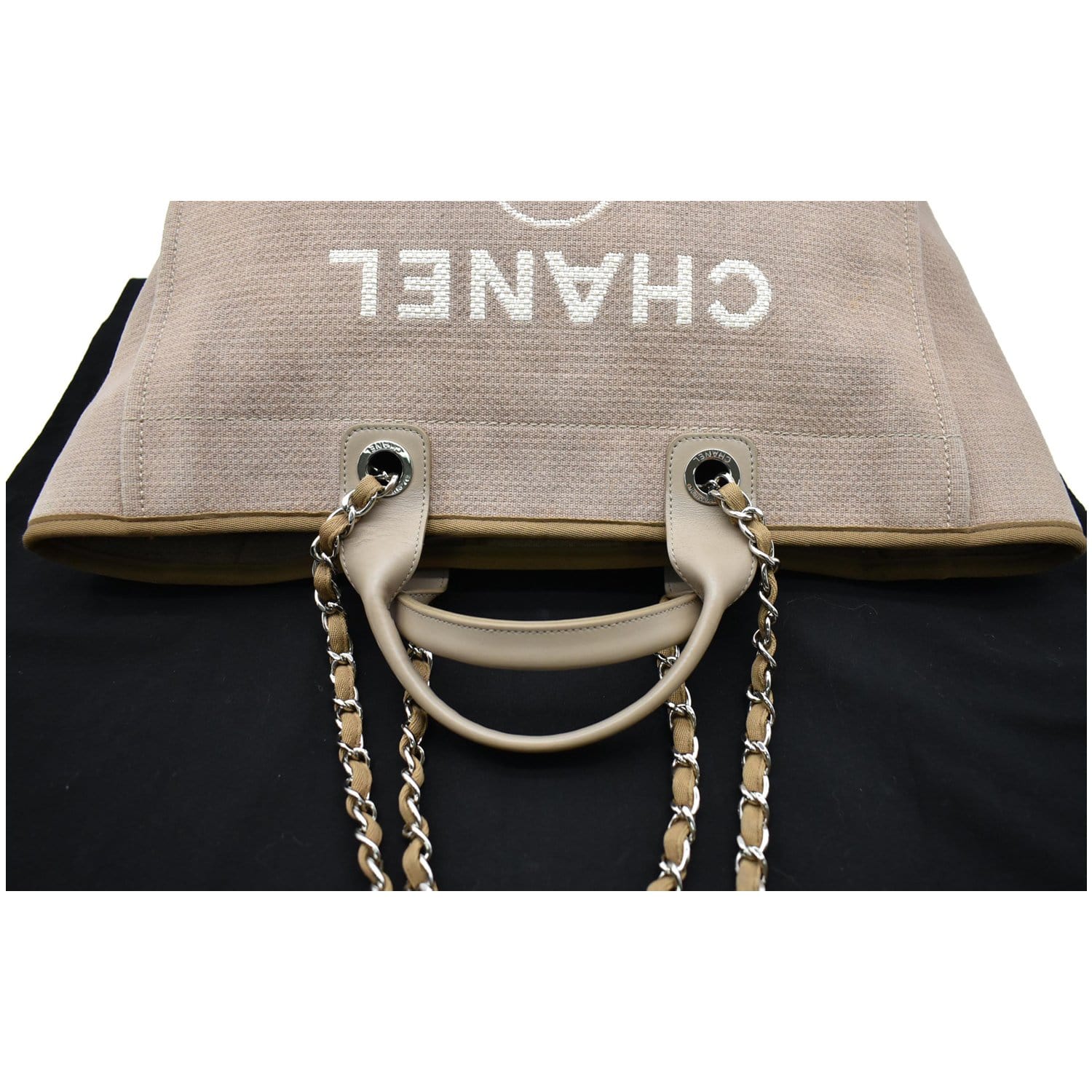 beige chanel canvas tote handbag