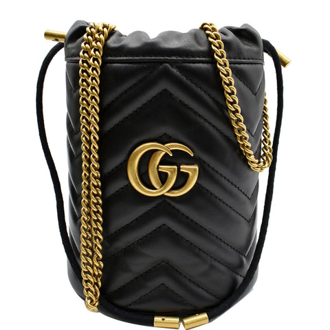 GUCCI GG Marmont Matelasse Chevron Leather Bucket Crossbody Bag Black 575163
