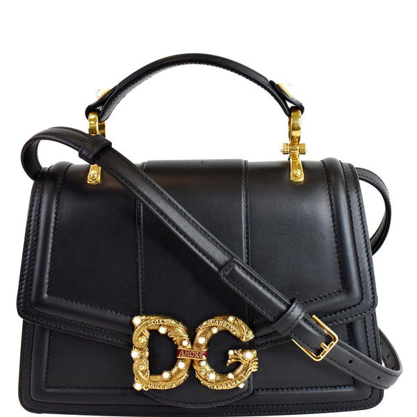 DOLCE & GABBANA Amore Calfskin Leather Shoulder Bag Black