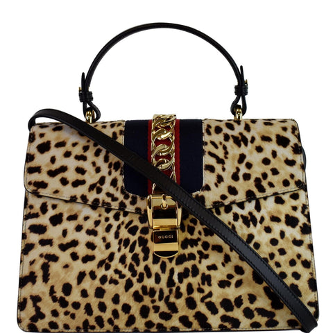 GUCCI Leopard Print Sylvie Medium Calf Hair Top Handle Bag Beige 431665