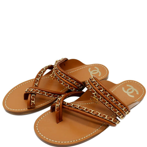 Chanel Thong CC Charm Leather Flat Sandals Brown 39