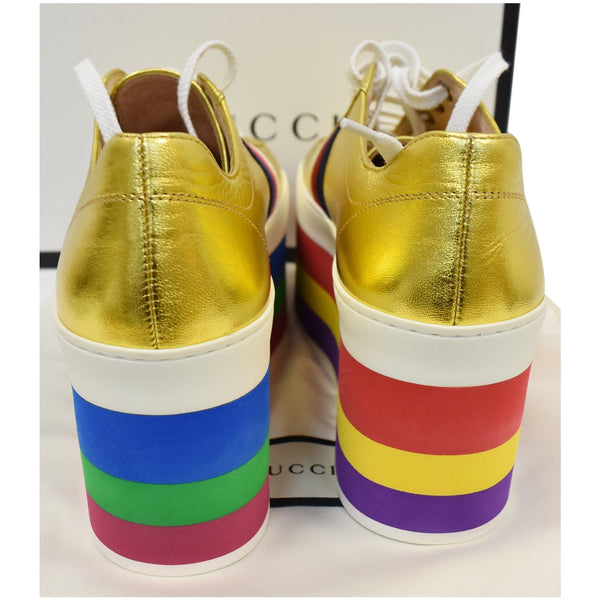GUCCI Peggy Rainbow Metallic Nappa Silk Platform Sneakers Gold 474538 Size 36 - Final Sale