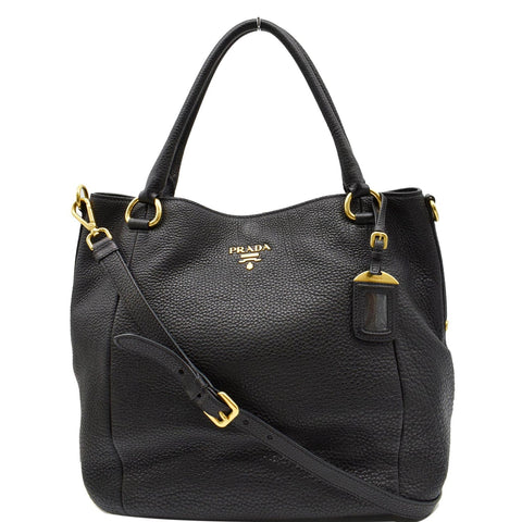 PRADA Sughero Vitello Daino Leather Tote Shoulder Bag Black