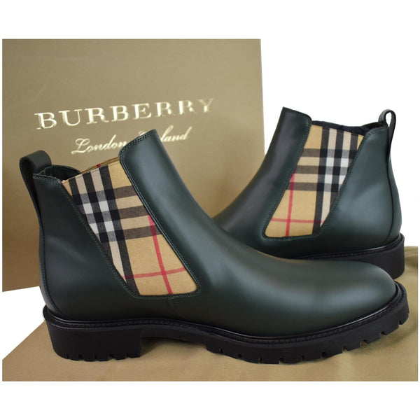 BURBERRY Vintage Check Detail Leather Chelsea Boots Black Size 12