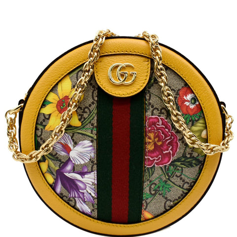 GUCCI Ophidia Mini Flora GG Round Supreme Monogram Web Crossbody Bag Yellow 550618