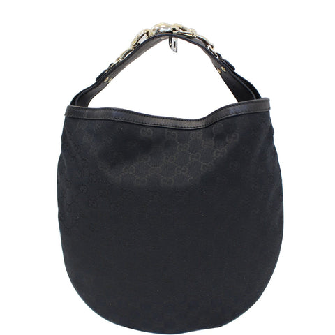 GUCCI GG Canvas Horsebit Medium Wave Hobo Bag Black