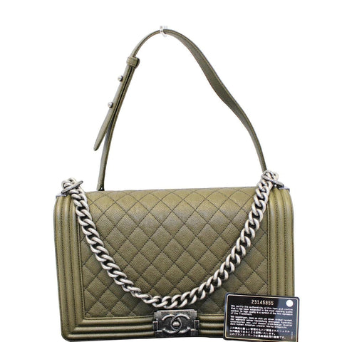 CHANEL Medium Boy Flap Caviar Leather Shoulder Bag Olive Green
