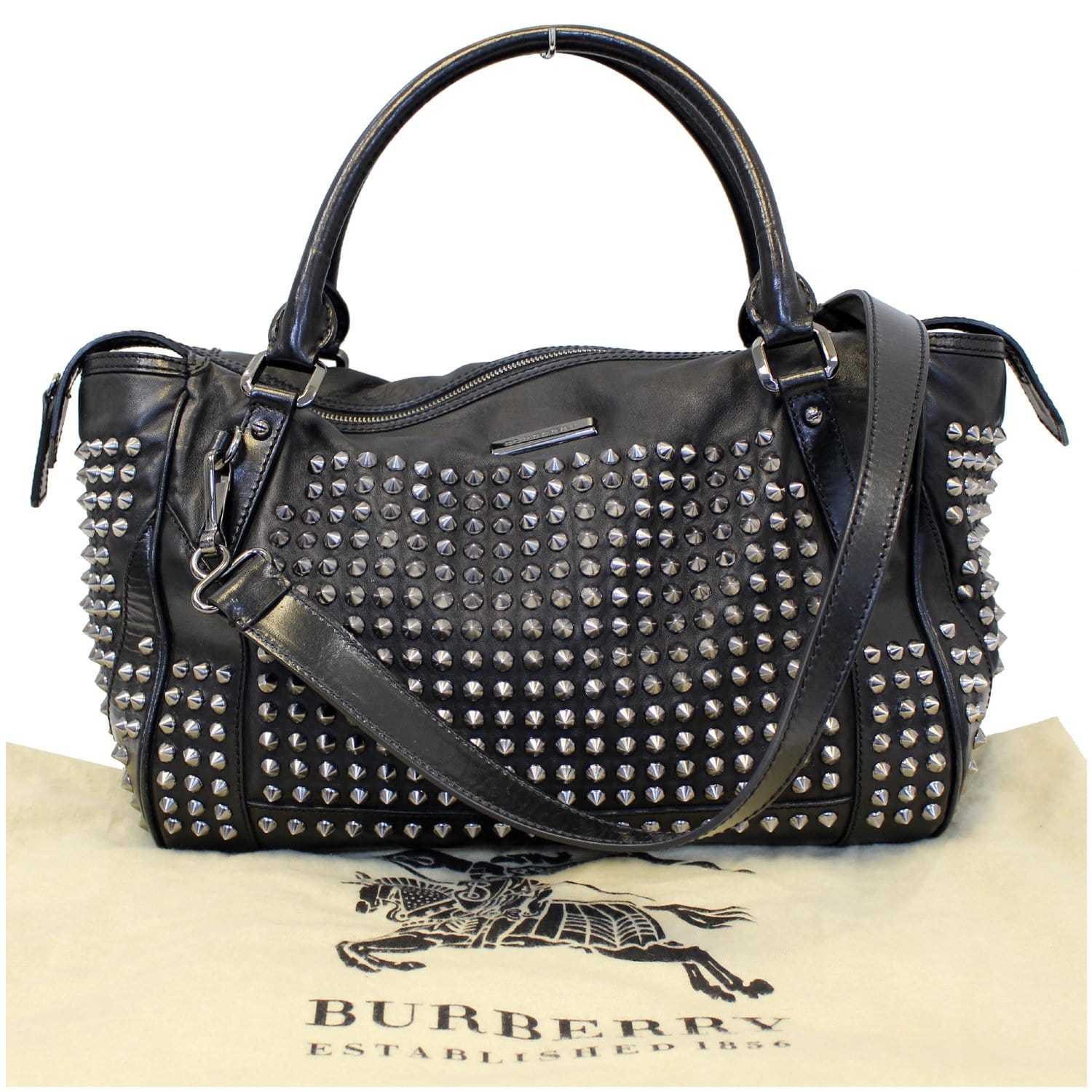 BURBERRY Studded Leather Satchel Shoulder Bag Black-US