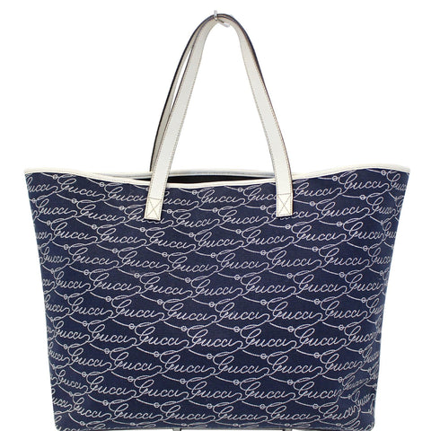GUCCI Large Blue Canvas White Script Tote Bag 257245