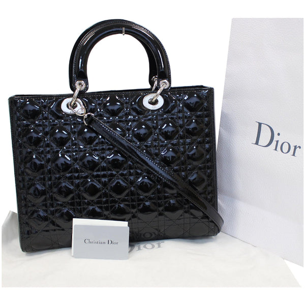 CHRISTIAN DIOR Lady Dior Large Quilted Patent Leather Shoulder Bag Black