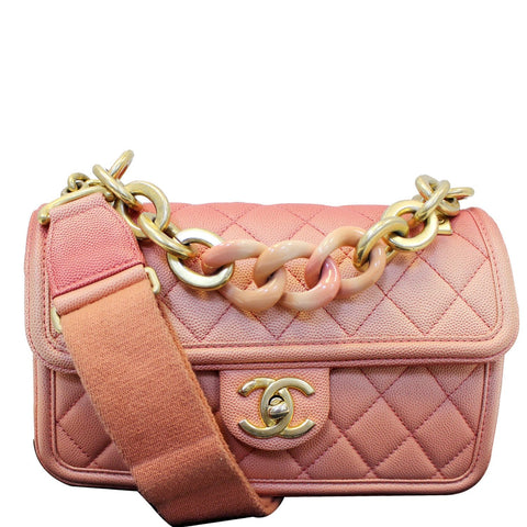 CHANEL On The Sea Caviar Leather Small Flap Shoulder Bag Coral