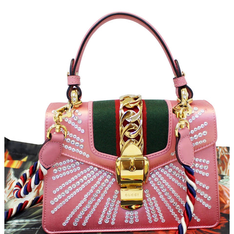 GUCCI Mini Sylvie Satin Crystal Shoulder Bag Peony-US
