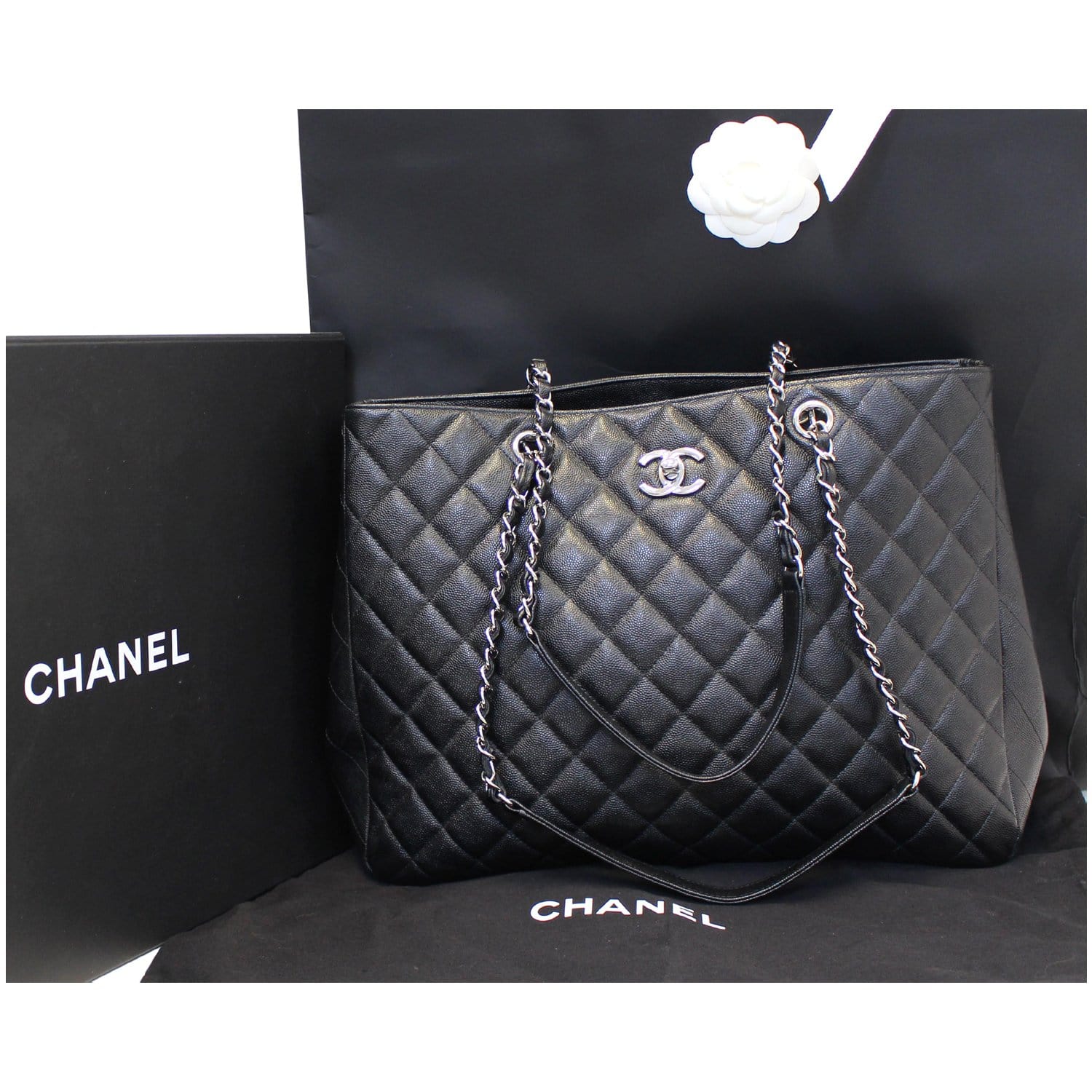 Chanel Black Quilted Patent Caviar Leather Diamond Shine Large Tote Bag