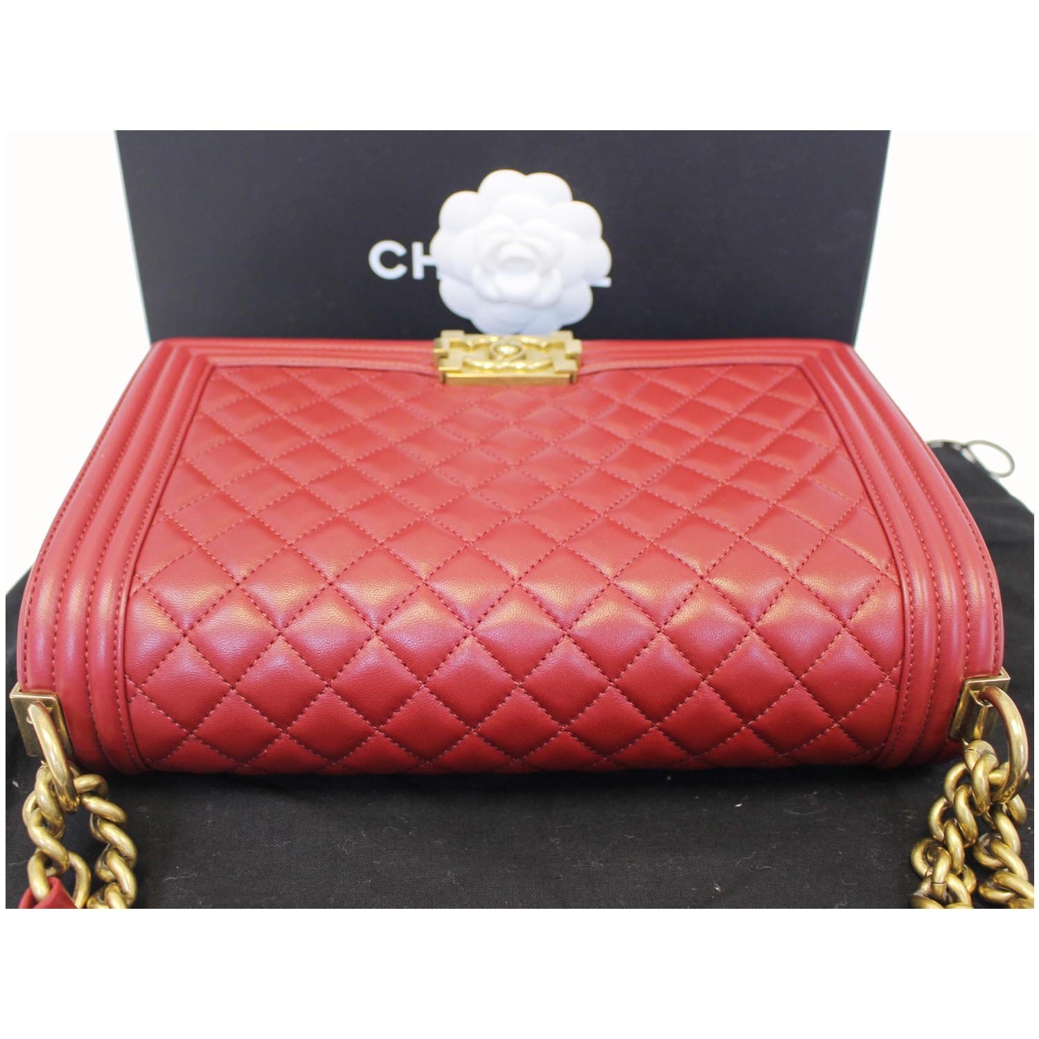 Authentic Chanel Red Leather Matelassé Chain Shoulder Bag
