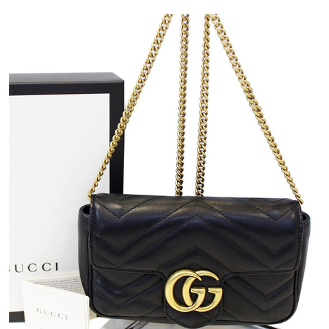 GUCCI GG Marmont Matelasse Black Leather Super Mini Crossbody Bag