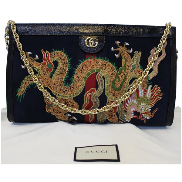 GUCCI Ophidia Dragon Embroidered Suede Leather Shoulder Bag Blue