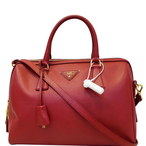 PRADA Lux Saffiano Leather Boston Handbag Red