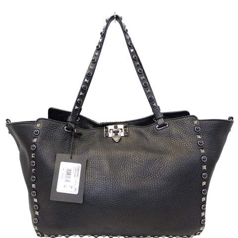 Valentino Rockstud Noir Black Leather Medium Tote Shoulder Bag