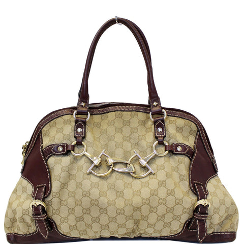 GUCCI Beige GG Canvas Horsebit Nail Medium Boston Bag