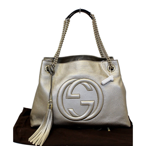 GUCCI Soho Pebbled Leather Chain Shoulder Bag 308982 Silver