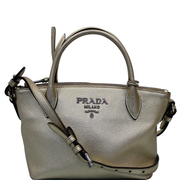 PRADA Small Daino Metallic Leather Tote Shoulder Bag Silver - Last Call