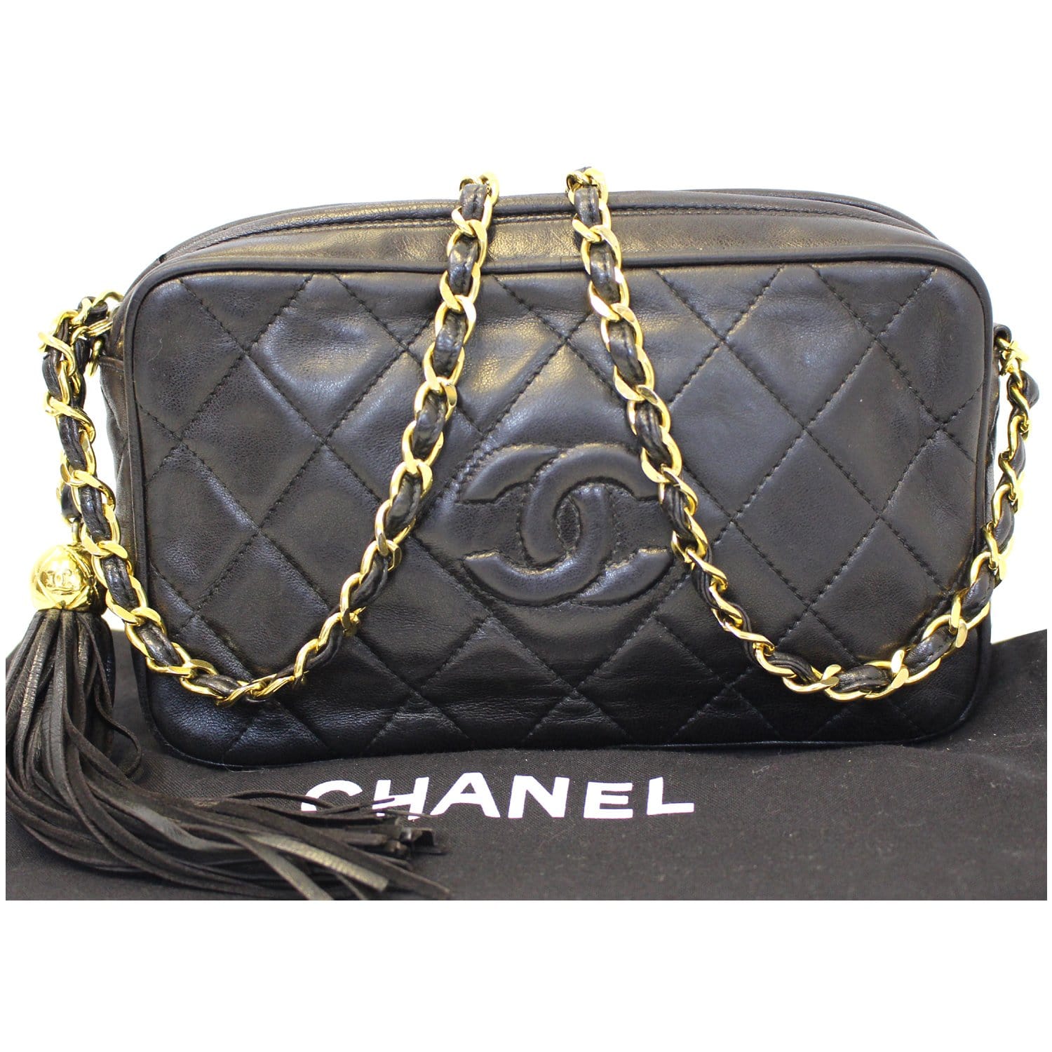 CHANEL Black Lambskin Leather Gold Tassel Evening Small Camera Shoulder Bag  For Sale at 1stDibs