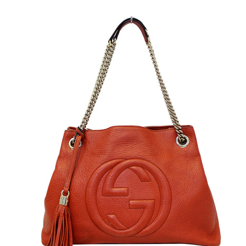 GUCCI Soho Pebbled Leather Chain Shoulder Bag Red 308982