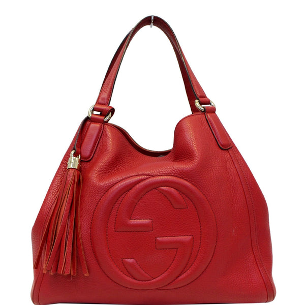 GUCCI Soho Top Handle Pebbled Leather Tote Bag Red