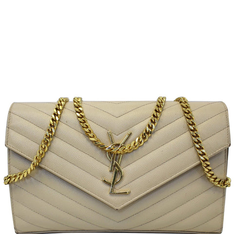 YVES SAINT LAURENT Matelasse Chevron Grain De Poudre Envelope Chain Wallet Beige