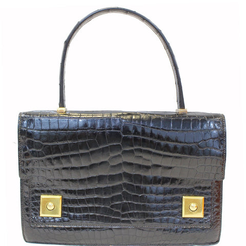 HERMES Piano 25Cm Crocodile Leather Flap Bag Black