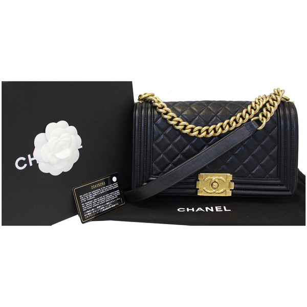 Chanel Le Boy Medium Flap Bag Caviar Leather Black front view