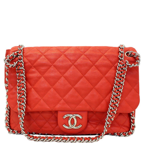 CHANEL Maxi Chain Around Quilted Leather Flap Shoulder Bag Red