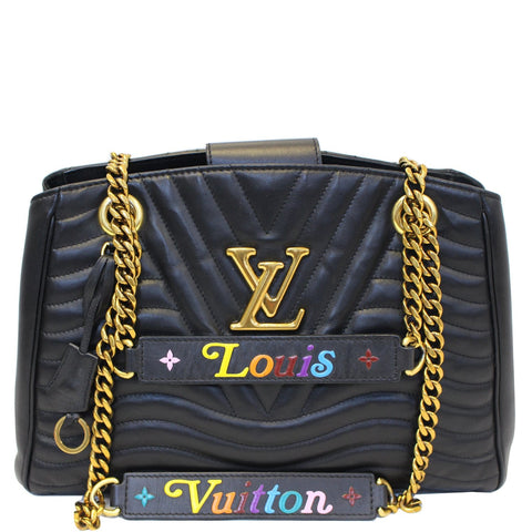LOUIS VUITTON Wave Chain Leather Tote Shoulder Bag Black