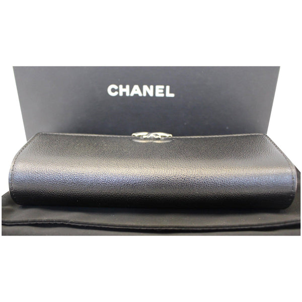 CHANEL Grained Leather Long Flap Wallet Silver-Tone Metal