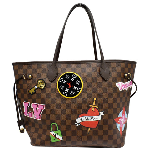 Louis Vuitton Neverfull Patches MM Damier Ebene Tote Bag Brown