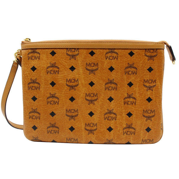MCM Visetos Monogram Coated Canvas Wristlet Zip Pouch Cognac