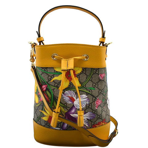 GUCCI Ophidia Flora Small GG Canvas Bucket Bag Yellow 550621