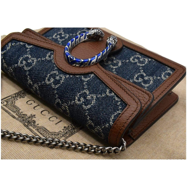 GUCCI Dionysus Super Mini GG Jacquard Denim Chain Shoulder Bag Dark Blue 476432
