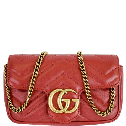 GUCCI GG Marmont Matelasse Leather Super Mini Crossbody Bag Red
