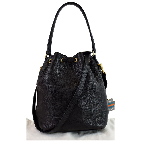 PRADA Logo Drawstring Leather Bucket Shoulder Bag Black